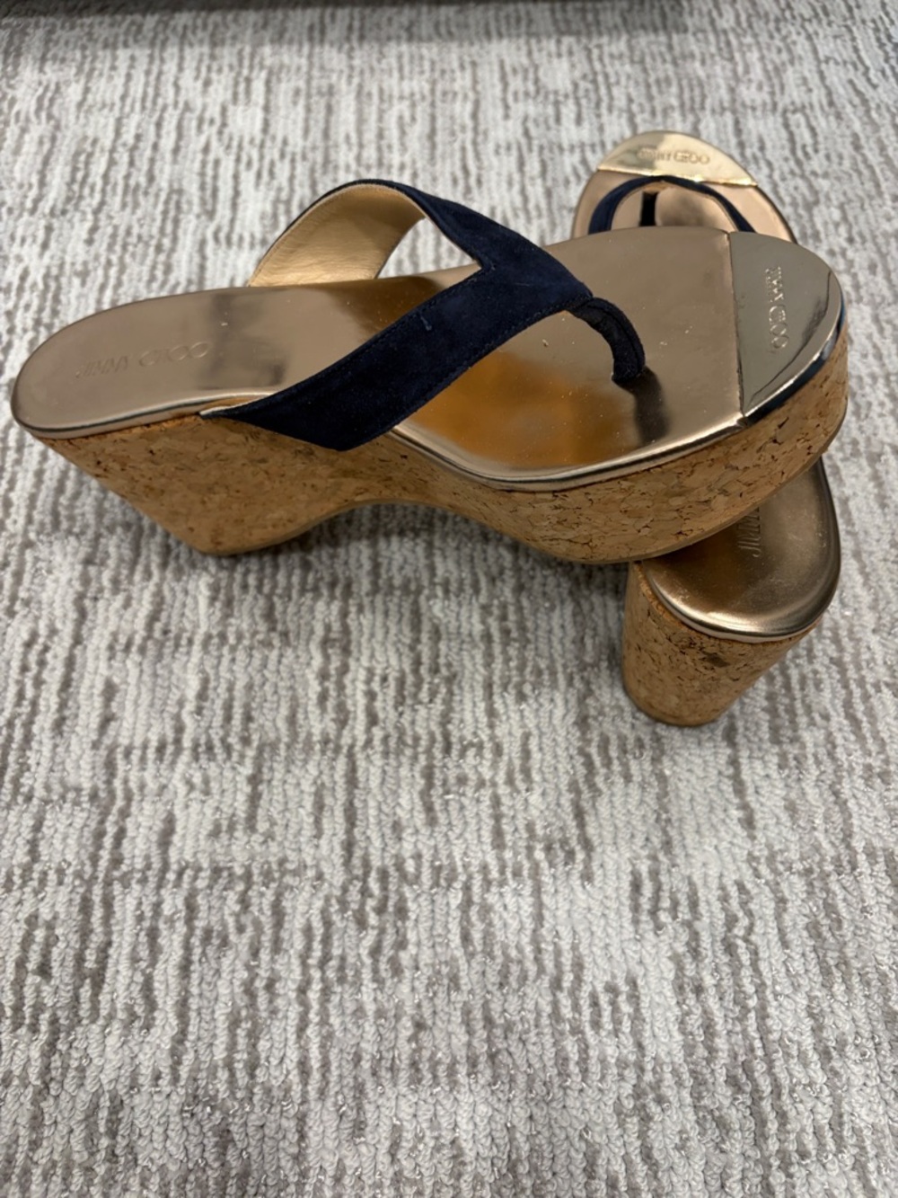 Jimmy Choo Navy Suede Toe-Post Cork Wedge Sandals with Gold Footbed